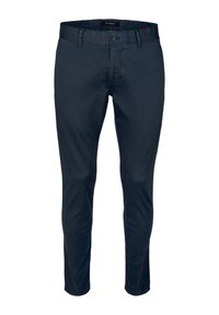 Marineblaue Baumwoll-Chinos mit schmaler Passform, ausgestattet mit einem vorderen Knopfverschluss, Gürtelschlaufen und praktischen Seitentaschen.