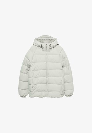 Bunda s kapucňou v svetlo šedej farbe, s predným zipsom a elastickými manžetami; obsahuje horizontálne prekryté prešitie a nastaviteľné šnúrky.