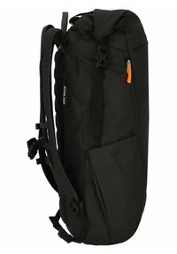 Black backpack made of waterproof material, features a roll-top closure, adjustable straps, side pocket with orange zipper detail.