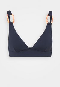 Námornícky modrý trojuholníkový bikiny top s pletenými popruhmi a oranžovými a ružovými akcentmi, navrhnutý z jemnej látky a bezšvového prevedenia.
