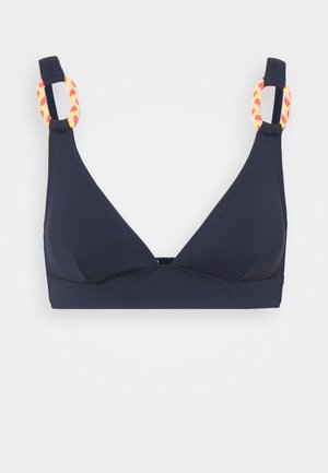 Sötétkék háromszög alakú bikini felsőrész fonott pántokkal, narancssárga és rózsaszín díszítéssel, puha anyagból készült, zökkenőmentes kidolgozással.