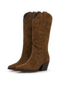 Botas de vaquero de ante marrón con costuras florales en relieve, punteras puntiagudas, tacones medianos en bloque y tiras para facilitar el calzado.