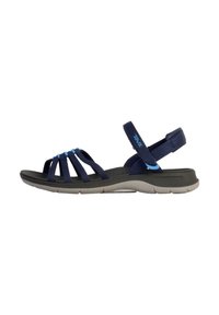 Navy blue strappy sandals with an adjustable ankle strap, cushioned footbed, and contrasting light blue accents on the straps and sole.