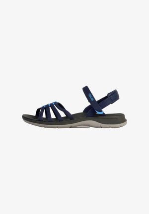 Navy blue strappy sandals with an adjustable ankle strap, cushioned footbed, and contrasting light blue accents on the straps and sole.