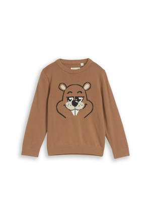 Brązowy sweter z długim rękawem z nadrukiem uśmiechniętej twarzy bobra z przodu, z dużymi zębami i małymi okrągłymi uszami.