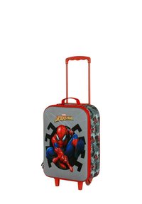 Maleta roja con ruedas y un gráfico de Spider-Man gris en la parte frontal. Cuenta con un asa retráctil y ruedas laterales para un transporte fácil.