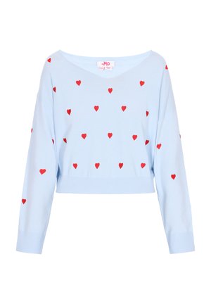 Svijetloplava skraćena dukserica s dugim rukavima, s raspršenim uzorcima crvenih srca i širokim izrezom. Izrađena od mekog pletiva.