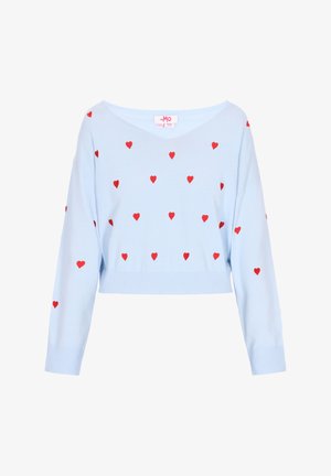 Svijetloplava skraćena dukserica s dugim rukavima, s raspršenim uzorcima crvenih srca i širokim izrezom. Izrađena od mekog pletiva.