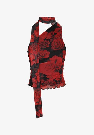 Punase roosimustriga rihmatus, millel on must taust, volangiga äär ja pikk, seotud riba turvaliseks kinnitamiseks.