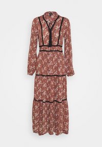 Maxikleid in Rost mit Blumenmuster, langen Ärmeln und schwarzen Akzenten. Verfügt über einen Kragen, taillierte Taille, gestuftem Rock und Quasten-Detail.