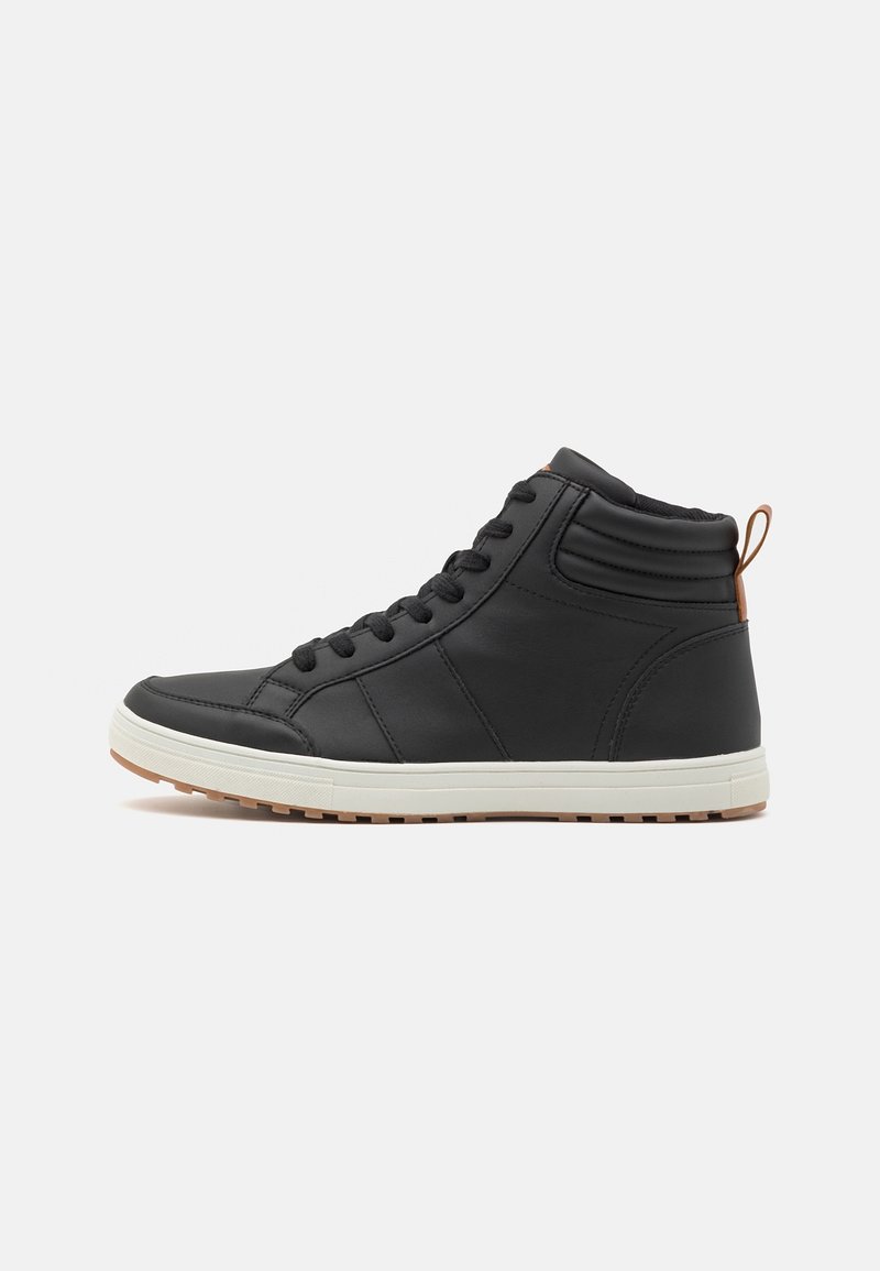 Black high-top sneakers made of smooth synthetic material, featuring a white rubber sole, lace-up design, and a small brown accent at the heel.
