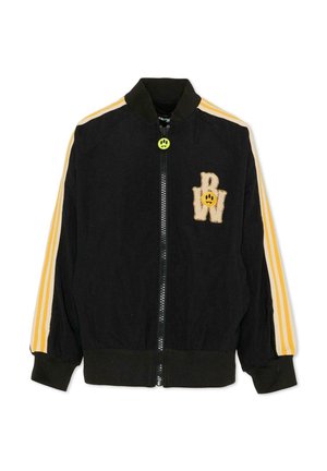 Zwarte bomberjack met gele strepen op de mouwen, ritssluiting, geribde manchetten en zoom, en geborduurd logo met een lachend gezicht.