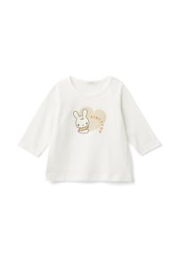 Weißes Langarm-T-Shirt aus Baumwolle mit einem Cartoon-Hasen-Design und dem Wort "BENETTON" in Orange innerhalb einer Herzform.