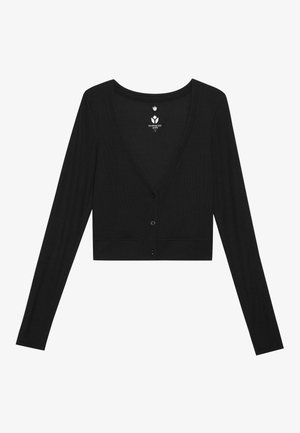 Black cropped cardigan with long sleeves, deep V-neck, and button closure. Made of ribbed fabric, featuring a smooth texture and fitted design.