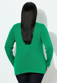 Maglione verde lavorato a maglia, maniche lunghe, trama a coste, vestibilità comoda, vista posteriore. L'orlo si abbassa leggermente ai lati. Jeans scuri visibili.