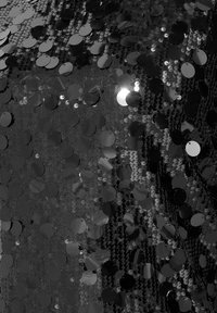 Schwarzer Paillettenstoff mit runden Pailletten in unterschiedlichen Größen, die das Licht mit einem glänzenden Finish reflektieren, in einem dichten Muster angeordnet.