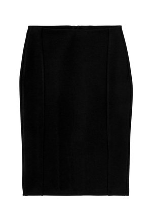 Jupe crayon noire au design épuré, présentant des coutures verticales et une texture lisse. Non doublée, avec un ourlet droit et sans fermetures visibles.