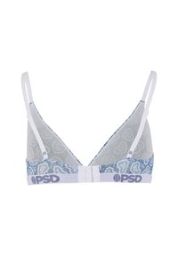 Blauwe en witte geblokte bralette met doorschijnende cupjes van mesh, verstelbare witte bandjes en een witte band met "PSD" logo's en een haaksluiting aan de achterkant.