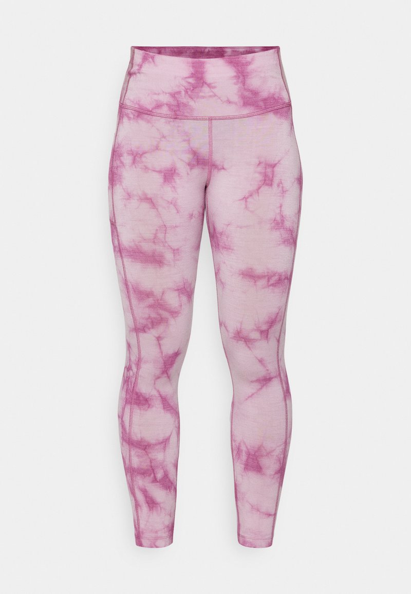 Rosa Leggings mit einem Batikmuster in dunkleren Rosa-Tönen, mit hohem Taillenbund und glattem, dehnbarem Stoff.