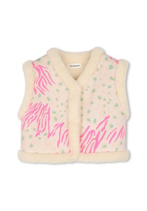 Mouwloos kinderhesje met crèmekleurige nepbont afwerking en roze en groene abstracte dierenprint op een lichte achtergrond.