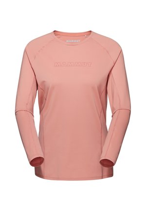 Langärmliges pinkes Sportshirt mit Rundhalsausschnitt und eingeprägtem "MAMMUT"-Logo auf der Brust sowie aufgedrucktem Innenetikett im Kragen.