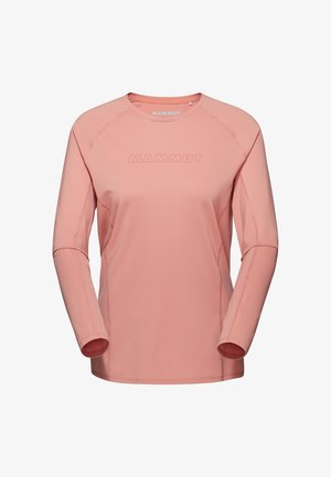 Różowa sportowa koszulka z długim rękawem, okrągłym dekoltem, z wypukłym logo "MAMMUT" na piersi i nadrukiem od wewnątrz kołnierza.