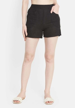 Schwarze gewebte Shorts mit einem elastischen Bund, zwei vorderen Taschen und einer lockeren Passform. Glatte Textur und eine Länge über dem Knie.