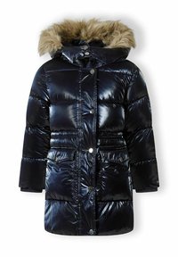 Navy puffer jacket with a glossy texture, faux fur hood trim, snap buttons, front pockets, and a cinched waist design for a fitted silhouette.