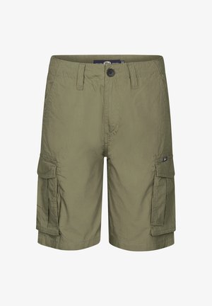 Biała koszulka z grafiką, zielone szorty cargo, białe trampki z czarnymi akcentami i białe skarpetki w czarne paski. Prosty fason, swobodny krój.