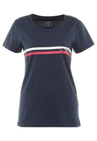 Camiseta de mujer de manga corta azul marino con rayas horizontales blancas y rojas y logotipo "CMP" en el pecho.