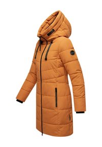 Oranje gewatteerde jas met een hoge, opvouwbare capuchon, zwarte accenten, lange mouwen en ritszakken, met een gestikt ontwerp.