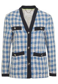 Blazer a scacchi blu e bianchi con due tasche frontali, bordi neri e bottoni argentati, con scollo a V e maniche lunghe.