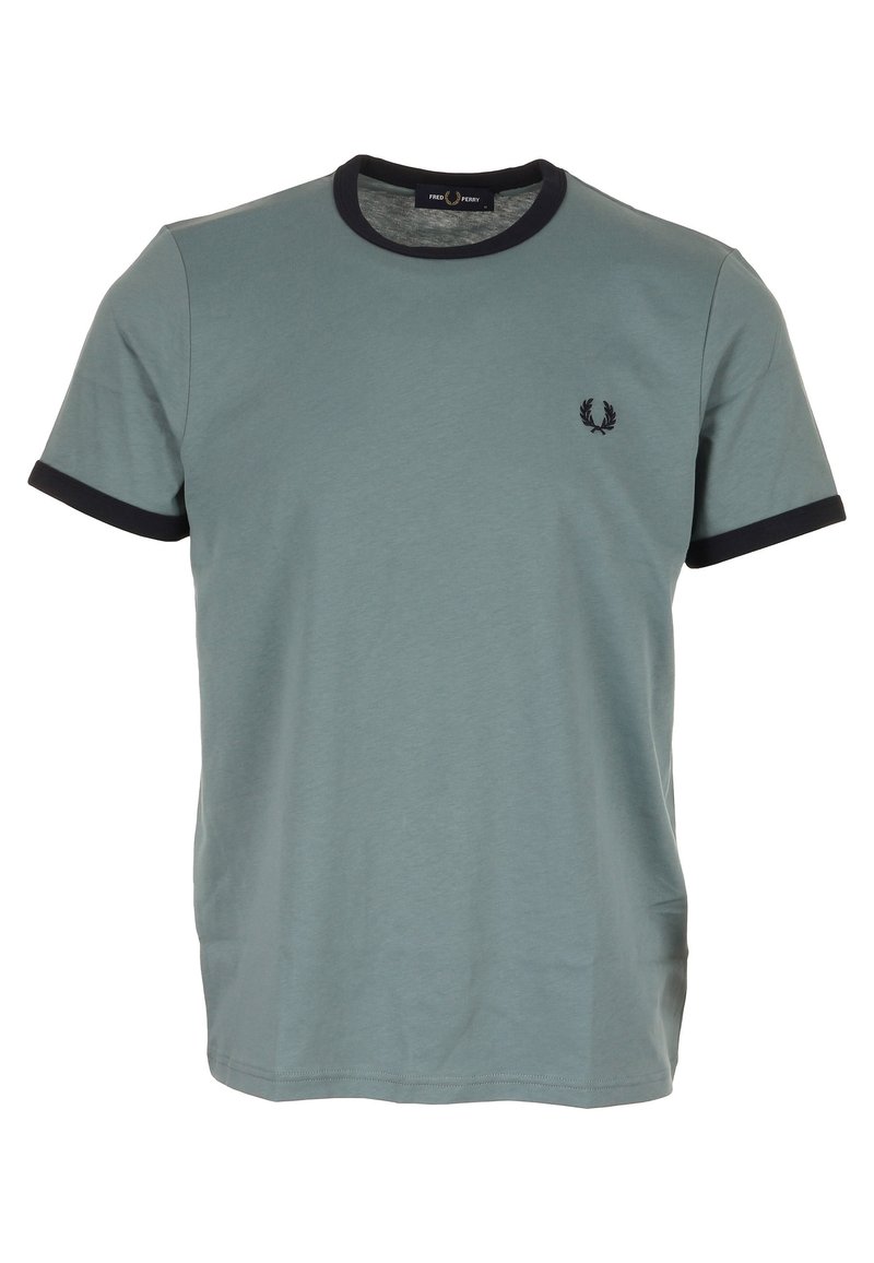 T-shirt in cotone azzurro chiaro con colletto e maniche a coste navy arrotondati. Presenta un piccolo logo ricamato sul petto.