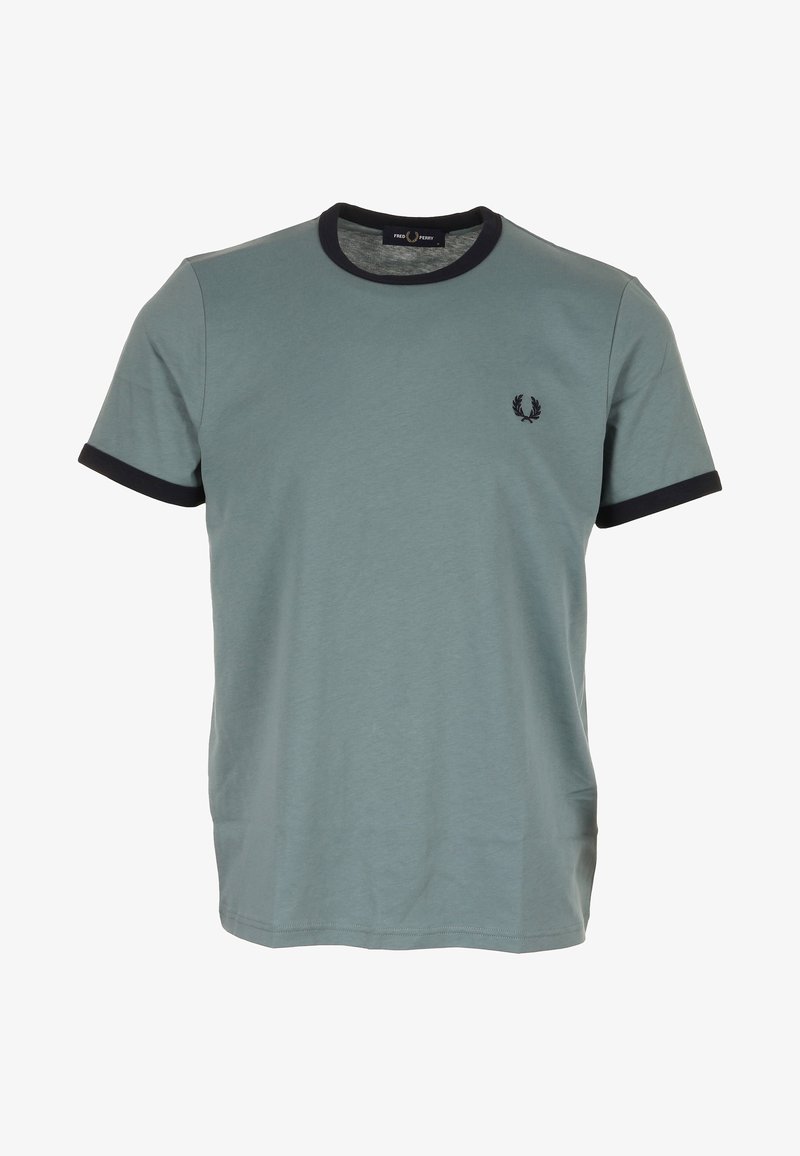 T-shirt in cotone azzurro chiaro con colletto e maniche a coste navy arrotondati. Presenta un piccolo logo ricamato sul petto.