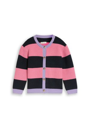 Buttoned cardigan with wide horizontal pink and black stripes, lavender trim on cuffs, hem, and neckline.