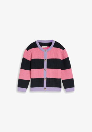 Cardigan con bottoni a larghe righe orizzontali rosa e nere, rifiniture color lavanda su polsini, orlo e scollo.