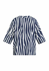 Top a righe zebrate blu navy e bianche con maniche corte, scollatura ampia e vestibilità comoda, realizzato in un tessuto morbido e testurizzato.
