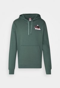 Felpa verde con cappuccio, dotata di tasca a marsupio frontale, cappuccio regolabile con stringhe e un logo grafico in design triangolare sul petto. Morbido al tatto.