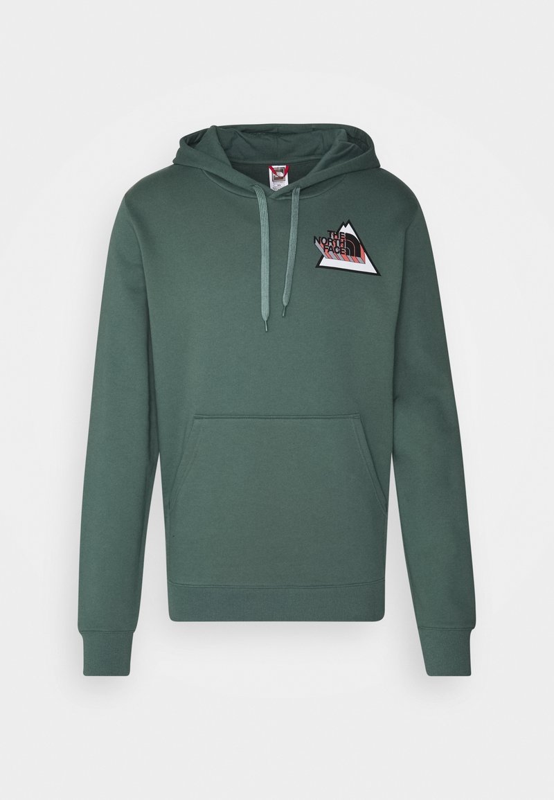 Green hoodie featuring a front kangaroo pocket, drawstring hood, and a graphic logo in a triangle design on the chest. Soft texture.