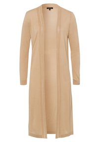 Larga chaqueta beige hecha de un suave y ligero tejido de punto. Presenta un frente abierto, mangas largas y sutiles rayas verticales a lo largo de los bordes.