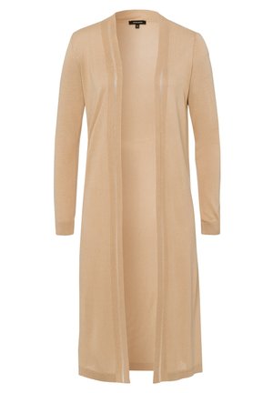 Lange beige cardigan gemaakt van een zachte, lichte brei. Heeft een open voorkant, lange mouwen en subtiele verticale strepen langs de randen.