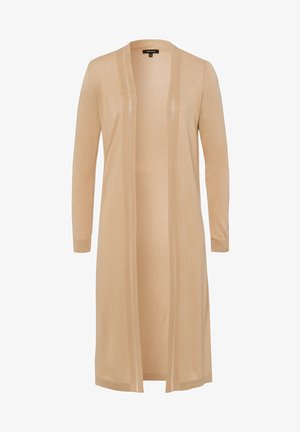 Dlouhý béžový kardigan vyrobený z měkké, lehké pleteniny. Má otevřený přední díl, dlouhé rukávy a jemné vertikální pruhy podél okrajů.