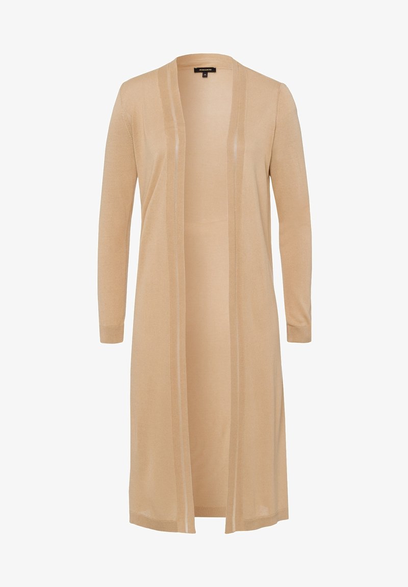 Larga chaqueta beige hecha de un suave y ligero tejido de punto. Presenta un frente abierto, mangas largas y sutiles rayas verticales a lo largo de los bordes.