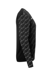 Langarmhemd mit schwarzem Körper und einem strukturierten grauen Muster an einem Ärmel. Hergestellt aus leichtem, atmungsaktivem Material.