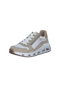 Hellgraue und weiße Sneaker mit strukturierter Oberfläche, ausgestattet mit einem seitlichen Reißverschluss, perforierten Akzenten und einer dicken, strukturierten Sohle.