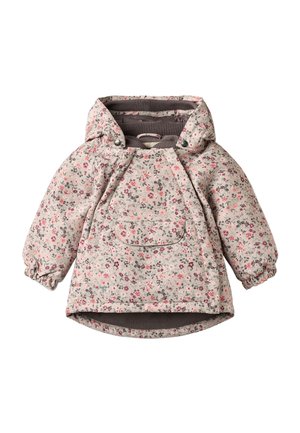 Veste à capuche pour tout-petit avec imprimé floral rose et gris, rabat de poche avant, poignets élastiques et doublure intérieure côtelée au col.