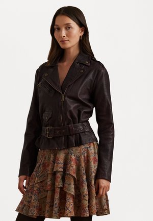 BELTED BURNISHED LEATHER MOTO JACKET - Leren jas - pinot noir