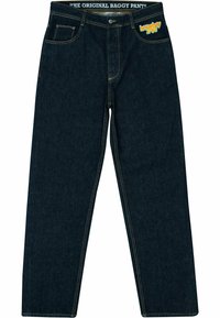 Pantalones de mezclilla oscuros y holgados con costuras amarillas, cuatro bolsillos y una cintura que presenta el texto y el logo "LOS PANTALONES HOLGADOS ORIGINALES".