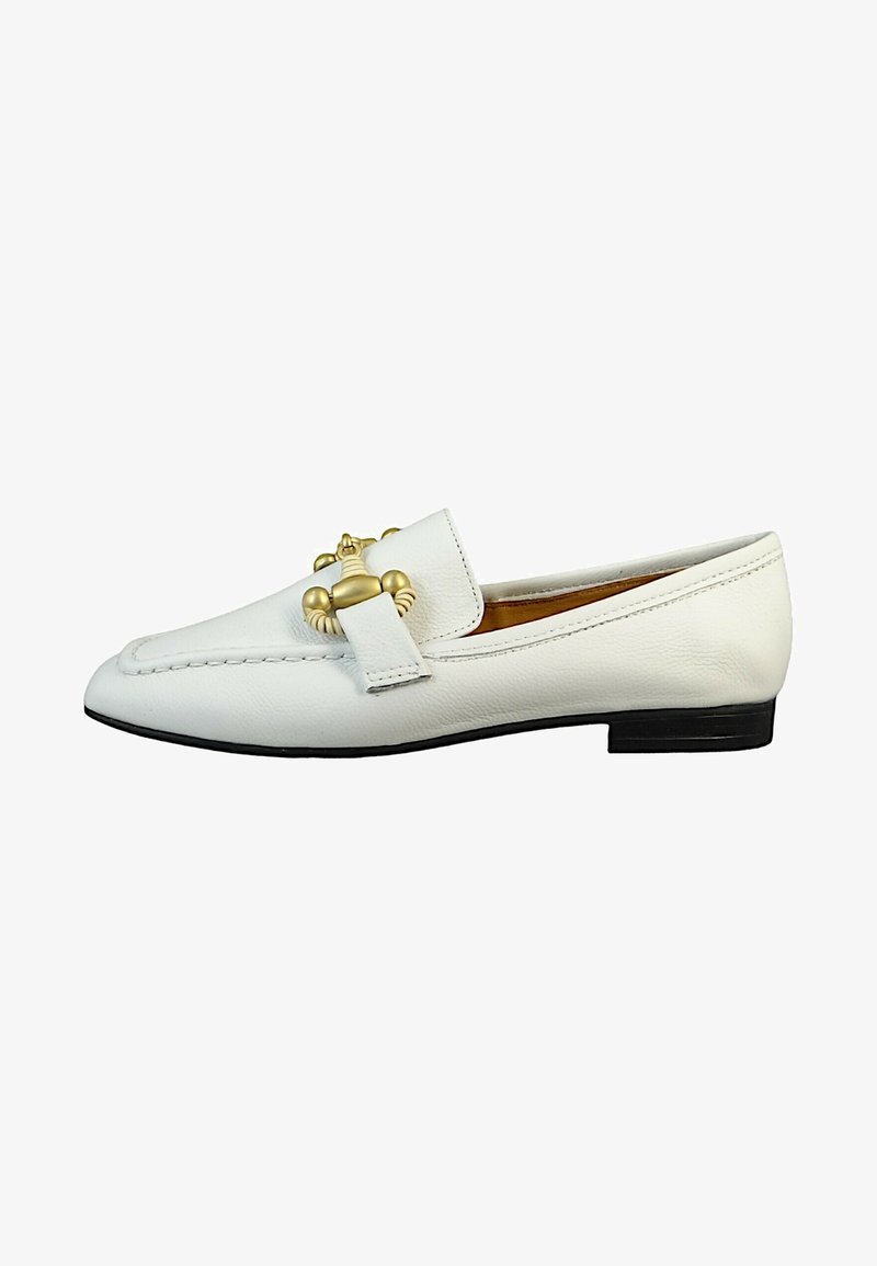 White leather loafer featuring a gold clasp detail, a flat black sole, stitched detailing, and a rounded toe design.