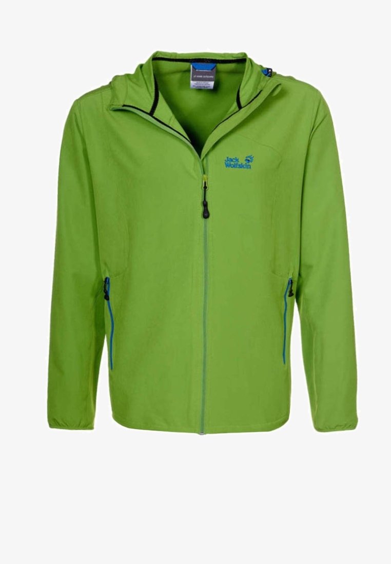 Veste d'extérieur vert clair avec fermeture éclair avant, deux poches latérales zippées, poignets élastiques et capuche. Logo bleu sur le côté gauche de la poitrine.